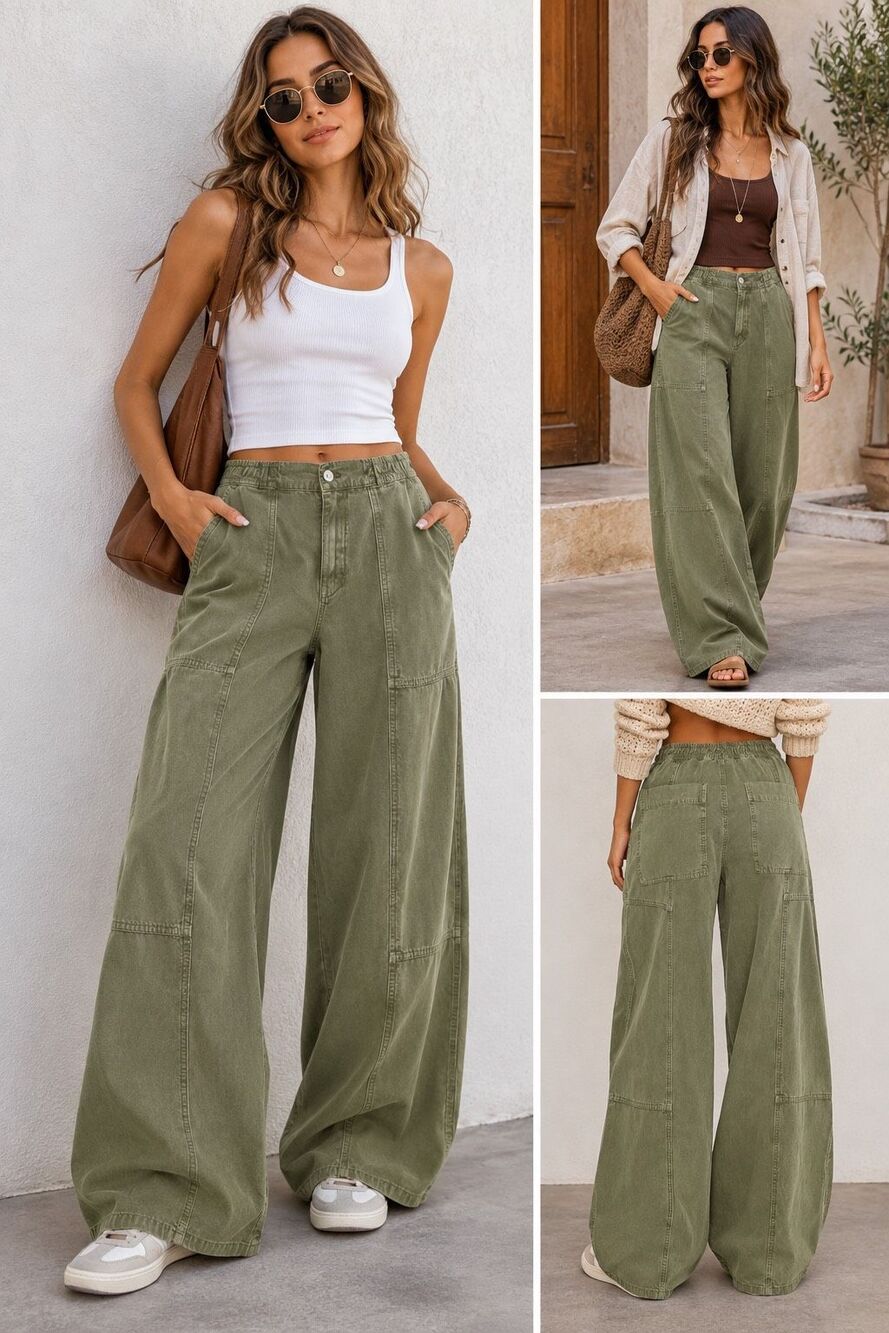Fashion Nova Pascal Wide Leg Pants L Olive Green Utility Hemp Lyocell Y2K